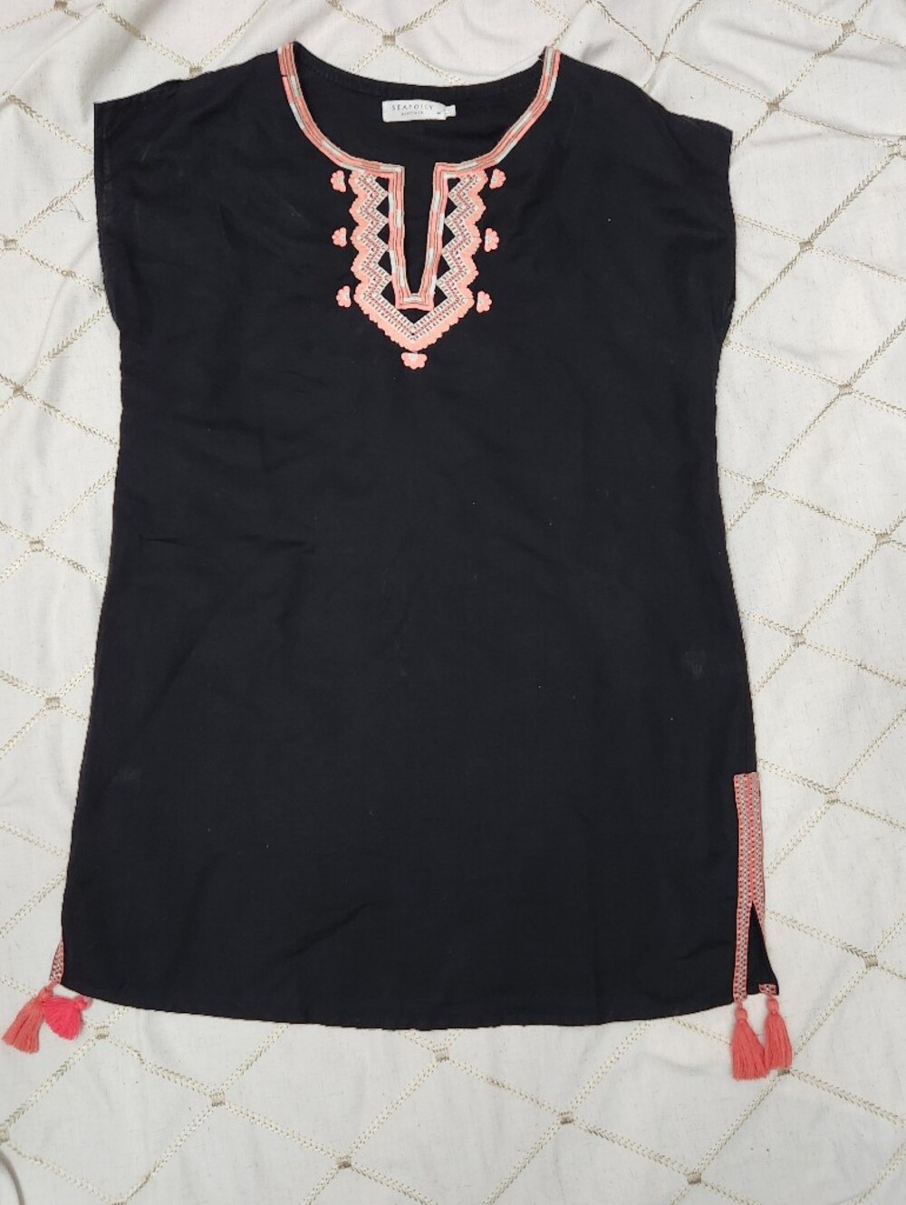 Seafolly Embroidered Tunic Coverup M Medium Black White Cotton Peach Embroidery